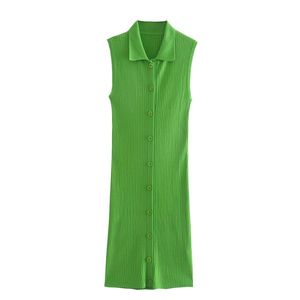 Zomer dames polo shirt kraag mouwloze gebreide revers single-breasted groene jurk 210529