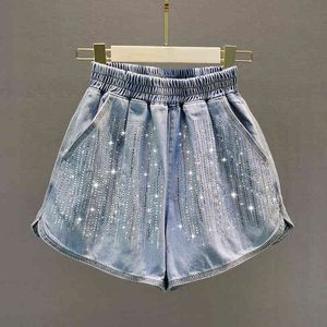 Été femmes strass Bling Denim Shorts taille élastique jean mode filles dames tout-match pantalon A3744 210428