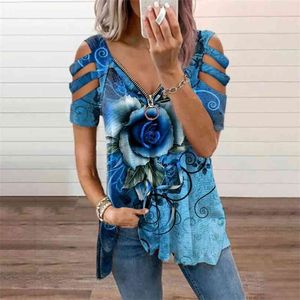 Été Femmes Manches courtes Col V Top Lâche Casual Impression Rose T-shirt Mode Tendance Chemise Plus Taille 210720