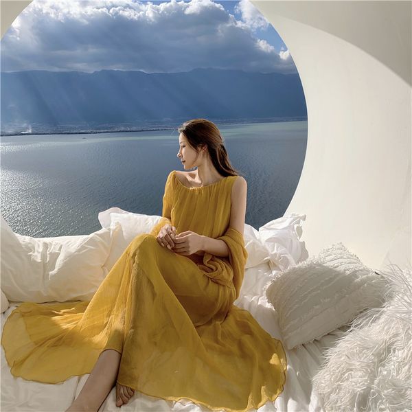 Robe d'été pour femmes, robe de plage en mousseline de soie jaune, élégante à manches longues, robes exotiques, 210514