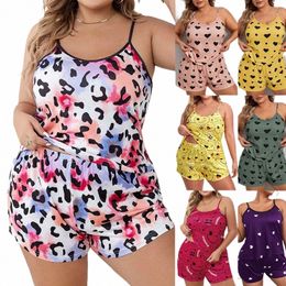Tirantes de las mujeres del verano Pantalones cortos Tamaño grande Plus Fat Fat Pijamas Homewear Set Sexy Ocio Flojo Cómodo Pijamas Homewear Set U9RQ #