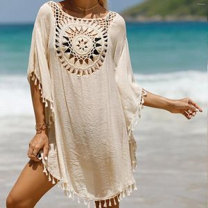 Zomer dames badkleding bedekt sexy holle out strand korte jurk mode losse stevige kleur kwastje zonshirt bikini ups