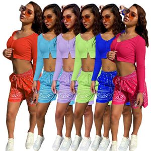 Survêtements d'été pour femmes Designer Shorts Ensemble deux pièces à manches longues Zip Shirt Imprimer Shorts à cordon Femmes Tenues décontractées Vêtements Articles en gros 9550