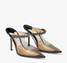 Été Femmes Sandale Design High Heels Bing 100 Mules Crystal Strap Patent Cuir Point Toe Lady Sandales Slice Thin Talèle Slip on EU35-43 avec boîte