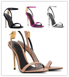 Été femmes sandale talons hauts marque de luxe design talon en métal cadenas bande de mot étroite sandales à talons hauts chaussures de dame bout pointu en cuir véritable 35-43