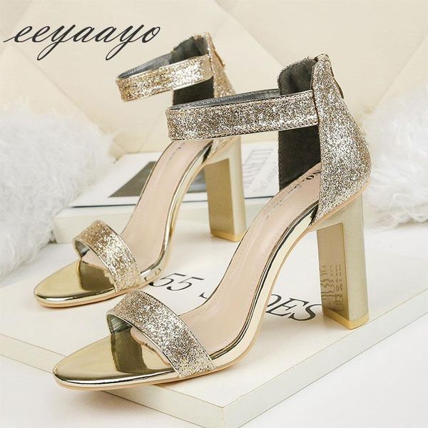 Summer Sandals de tacón cuadrado con cremallera Sexy Ladies Party Bling Bling Wedding Zapatos Gold Heels