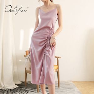 Zomer vrouwen satijnen slip spaghetti riem roze vintage sexy slanke zijde gedrapeerde partij midi jurk 210415
