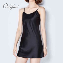 Zomer Vrouwen Satijn Slip Spaghetti Strap Silk Mini Sexy Black Basic Dress 210415
