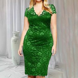 Zomer vrouwen seethrough Lace Patchwork Mini Dress Vneck Short Sleeve Slim Fit Plus Size Party Female kleding 240506