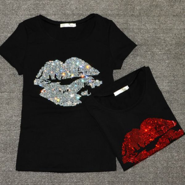 T-shirt à manches courtes et col rond pour femme, haut d'été à paillettes, lèvres, perçage, chemises à bascule, Sexy, hauts décontractés, Xxxl