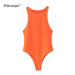 Zomer vrouwen sexy bodysuit meisje geel casual slanke jumpsuit o nek streetwear blauw uit schouder romper oranje bodons 210521