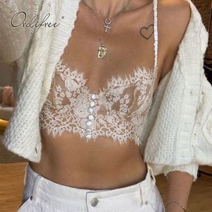 Verano Mujeres Sexy Spaghetti Strap Tank Top Camisole White Lace Camis 210415