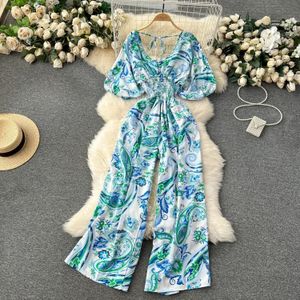 Zomer vrouwen sexy vneck puff mouw geprinte romper vrouwelijk blackredblueyellow wide been jumpsuits vakantie strandmode 240423