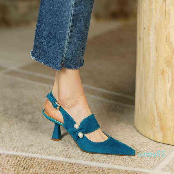 Été femmes mouton daim bout couvert sandales à talons fins solide Slingback pour perle sandale