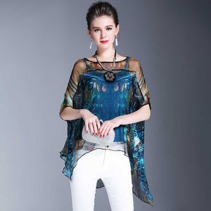 Été femmes chemise élégant bleu Simulation soie Blouse mode impression Vintage lâche irrégulière haut décontracté 210529