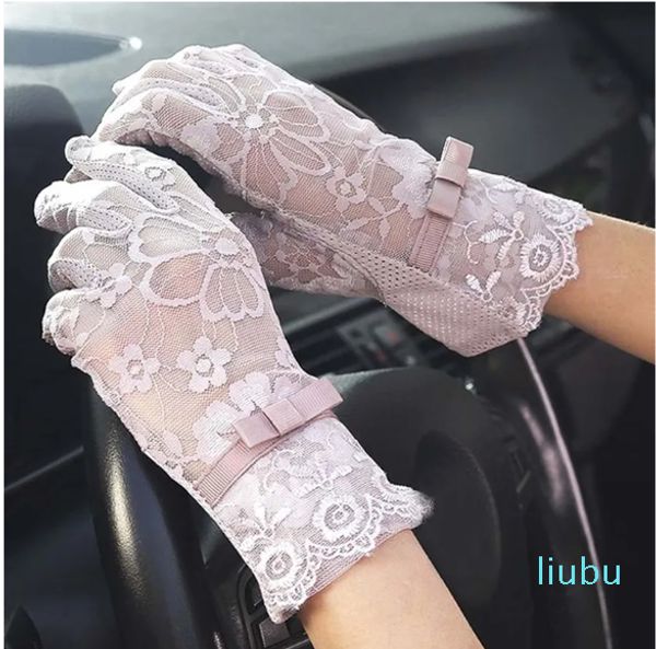 Gants d'été pour femmes, protection solaire courte, UV, antidérapants, dentelle, doigt complet, écran tactile, printemps, robe à nœud, blanc