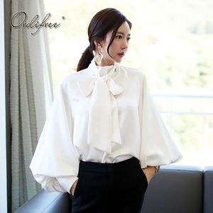 Été Femmes Soie Élégante Dame En Mousseline De Soie À Manches Longues Noeud Papillon Blanc Bureau Chemise Top Satin Blouse 210415