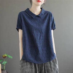 Zomer vrouwen eenvoudige kunst retro pop kraag korte mouwen T-shirt losse dunne casual holle top gratis 210527