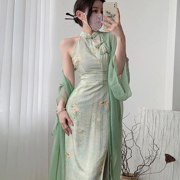 Verano mujeres sin mangas sexy split qipao elegante estampado flor vestido chino retro tradicional oriental ropa cheongsam 240220