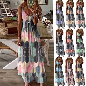 Zomer Vrouwen Mouwloze V-hals Floral Print Sling Dress Losse Casual Strand Lange Vest Jurken Dames Feestjurk Plus Size S-5XL 210527