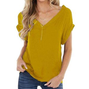 Été Femmes Solide Couleur Bat Manches T-shirt Casual Lâche Dos Nu Sexy V-Cou Plus Taille Dames Tshirt 210608