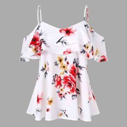 Verano Mujer Spaghetti Strap Off Hombro Estampado floral Vestido con volantes Lado Gasa Blusa de playa L220705