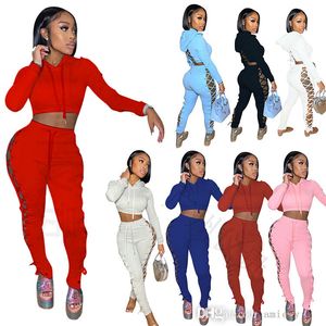Nieuwe dames tracksuits Desinger tweedelige set sexy holle out hoodies bandage jas contrast splicing riem jas outfits
