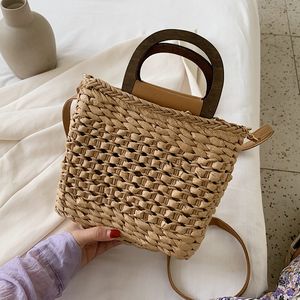 Zomer vrouwen stro rotan crossbody tas met korte handgreep handgeweven schouder portemonnees en handtassen kust vakantie