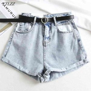 Zomer vrouwen streetwear zwart brede been jeans shorts casual vrouwelijke hoge taille effen kleur losse denim met riem 210430