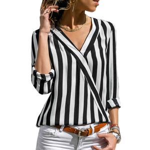 Zomer vrouwen gestreepte blouse v-hals lange mouwen shirts casual tops werk dragen chiffon shirt plus size dames blouses 210608