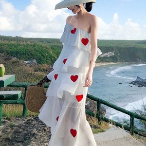 Zomer vrouwen zoete hart stijl sling cascade ruches midi jurk hoge taille slanke strand backless vakantie jurken 210527