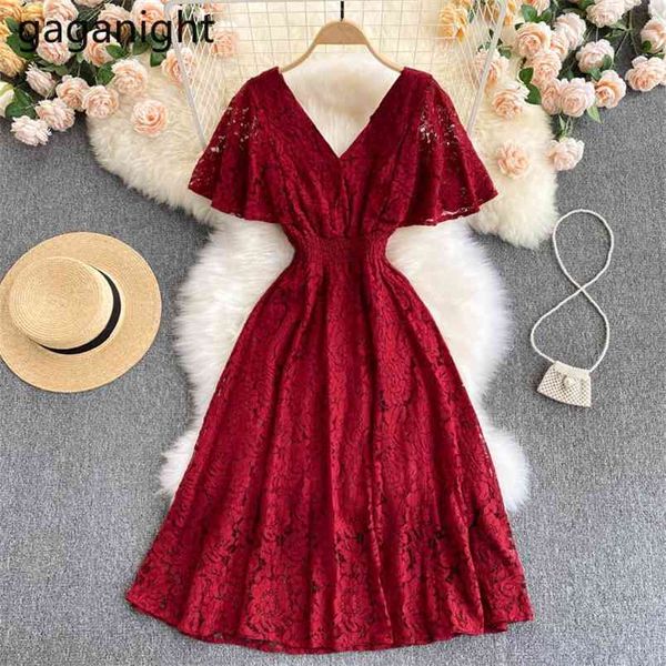 Été femmes doux dentelle robe Boho Midi plage vacances à manches courtes col en V dames fête es Vestidos 210601