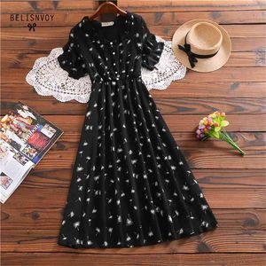 Zomer vrouwen zoete romantische jurk Peter Pan Collar White Black Floral Gedrukt Korte Mouw Koreaanse Chiff Chiffon Long E 210520