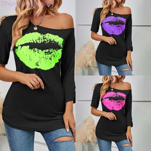 Verano Mujer Camiseta Labio Impreso Manga Corta Camisetas Hombro Irregular Moda Slim Tops Negro Casual Tallas grandes Mujer Ropa Camisas Xxxl