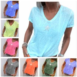 Été Femmes T-shirt À Manches Courtes Col En V Étoile À Cinq Branches T-shirt Designer Couleur Unie Blouse Décontractée Lâche Vêtements De Fête Chemises Vêtements