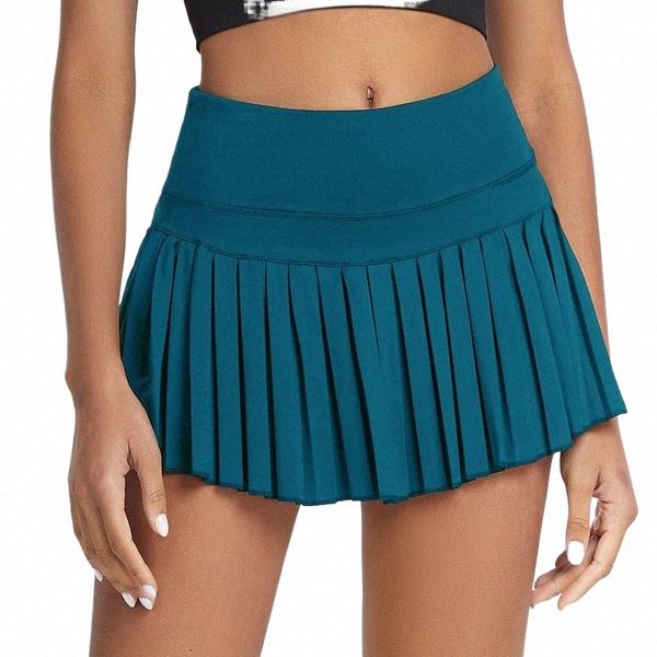 Été Femmes Tennis Jupe plissée avec doublure intérieure Taille haute Double couche Design Sport Sexy Fitn Yoga Shorts de danse 33Zd #