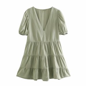 Mini Vestido de lino empalmado con volantes escalonados de verano para mujer, ropa de manga abombada con cuello en V para mujer, Vestido holgado informal para mujer D7727 210430