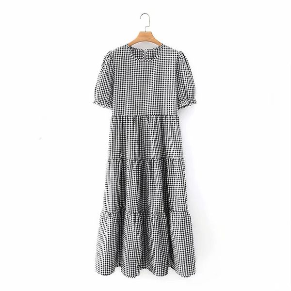 Été Femmes À Volants À Volants Épissage Plaid Midi Robe Femme À Manches Courtes Vêtements Casual Lady Lâche Robe D7532 210430