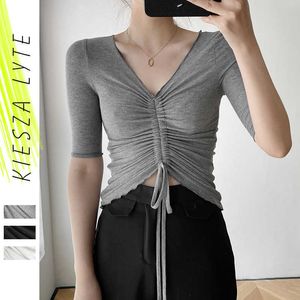 Verano Mujer Top Knit Drawstring Slim V Neck Bottom Shirt Mangas cortas Solid s T 210608