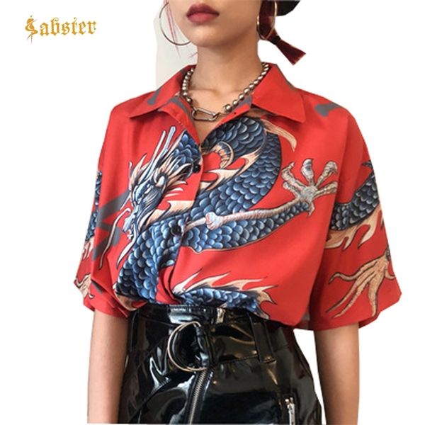 Été haut pour femme Harajuku Blouse Dragon imprimer à manches courtes Blouses chemises femme Streetwear kz022 220307