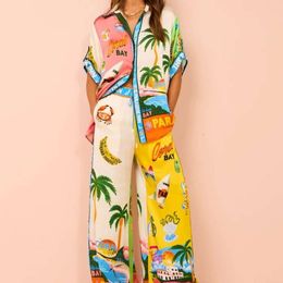 Summer Women Situit, damas, camisa de dos piezas, camisa y pantalones, estampado floral estampado de manga corta cuello de vacaciones