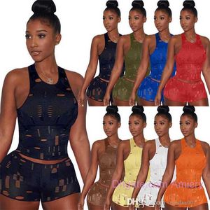 Zomer Vrouwen Trainingspakken Broek Tweedelige Korte Set Outfits Mode Casual Gebreid Gat Mouwloos Vest Tops Shirt Shorts 2 Stuks Vrouw Designer Kleding