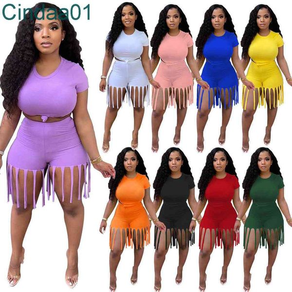 Été Femmes Survêtements À Manches Courtes T-shirt Tassel Pantalon Casual Couleur Unie 2 Pièces Ensembles Sports Fitness Running Plus La Taille Vêtements S-XXXXL