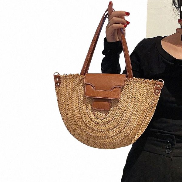 Verano Mujeres Viajes Bolsas de paja Rattan Hombro Crossbdoy Bolsa Hecha a mano Bolsa de playa tejida Mujer Gran capacidad Sillín Bolsos Tote I2xL #