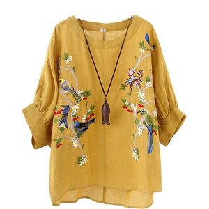 Été femmes t-shirt grande taille lanterne manches lâche t-shirt Femme coton lin fleur oiseau broderie Vintage hauts HXJ06 210512