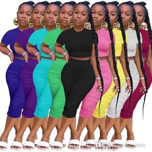 Sommer Frauen Zweiteilige Hosen Outfits Designer Einfarbig Trainingsanzüge Kurzarm T-shirt Plissee Leggings Sport Anzug