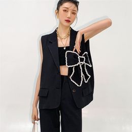 Zomer vrouwen vest kralen boog zwarte jas enkele breasted tank jassen Koreaanse mode mouwloze losse straatwear tops femme 210514