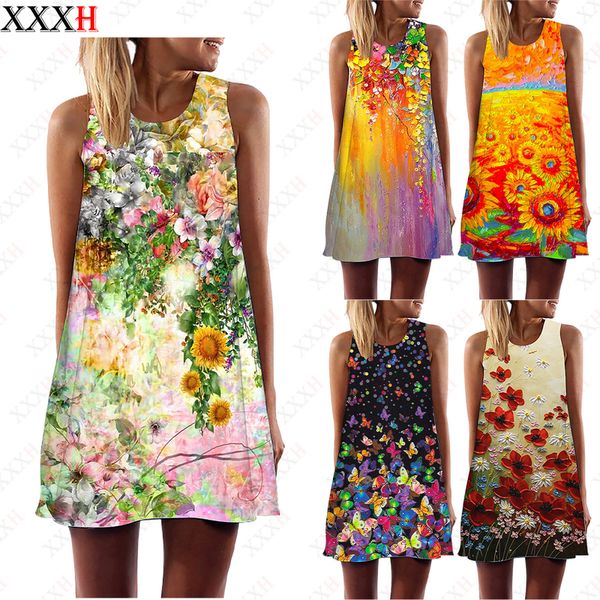 Été Femmes Gilet Robe Papillon Floral Art Imprimer O Cou Sans Manches Mini Casual Lâche Doux Une Ligne Robe D'été Vestidos 220713