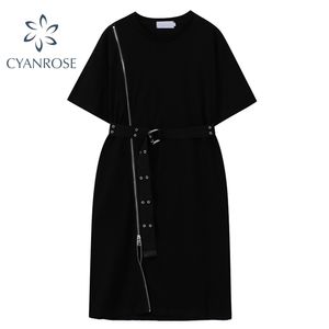 Zomer vrouwen vintage zwarte rits split jurk met riem mode streetwear taille jurken casual harajuku mini vestiods 210515