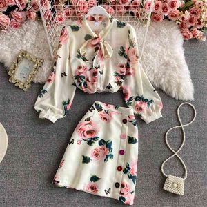 Zomer vrouwen vintage strikje rose print lantaarn mouw chiffon shirt elegante hoge taille korte rok tweedelige set 210430